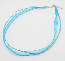 Koord ketting van organza lint en waxkoord c.a. 50cm turquoise