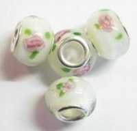 Per stuk Glaskraal European style Wit met bloem 14 mm