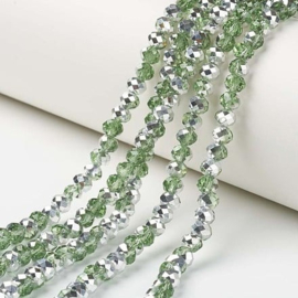 1 x Streng met ca. 113–115 glaskralen facet rondelle briolette kristal – 4 x 3 mm – gat 1 mm – Dark Sea Green AB Plated