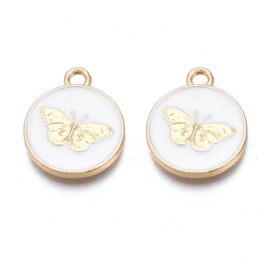 2 x Bedel emaille wit rond vlinder, licht goud kleur 18 x 15 x 2 oogje 2mm (Nikkelvrij)