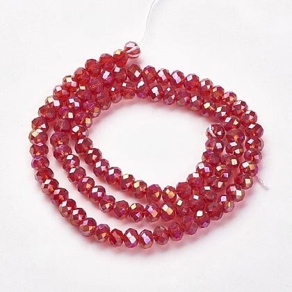 1 x Streng met ca. 87-90 stuks glaskralen facet rondelle briolette kristal – 6 x 4 mm, gat 1 mm – Red AB Plated