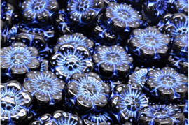 2 x Tsjechische pressed beads glaskralen Boho Flower Beads 14x14mm gat 1mm zwart blauw