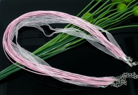 Koord ketting van organza lint en waxkoord c.a. 50cm roze