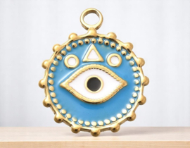 1 x RVS 304 Ion Plating (ip) ronde bedel met evil eye blauw, goud kleur 21,5 x 18 x 2mm oogje 2,5mm
