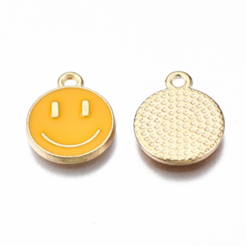 2 x Bedel Enamel light gold Smiley 14,5 x 12mm oogje: 1,5mm yellow