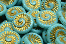 2 x Tsjechische Glaskralen Fossil Shell Beads 18x18mm Turquoise