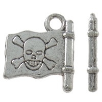 6 x Metalen bedel van een piratenvlag, antiek zilver kleur, afm. 4 x 16 x 2mm, gat c.a. 2mm