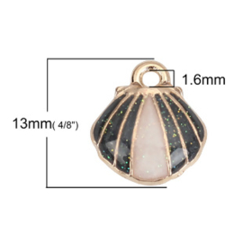 2 x metalen stripe bedels shell light gold donker groen ca. 13 x 11 x 3,5 mm oogje 1,mm  (Nikkelvrij)