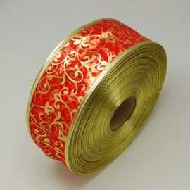 1 meter organza lint met goud glitter rood 63mm breed met metaaldraad