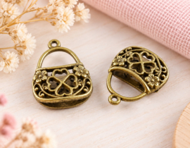 1 x Metalen 3D Bali Style bedel tasje met klaver 4 24 x 19 mm – geel koper kleur