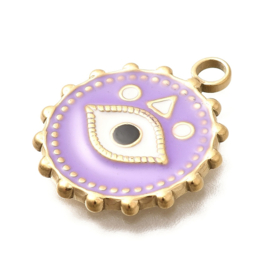 1 x RVS 304 Ion Plating (ip) ronde bedel met evil eye lila, goud kleur 21,5 x 18 x 2mm oogje 2,5mm