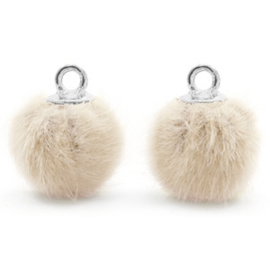 2 x Pompom bedels met oog faux fur 12mm Sand beige-silver