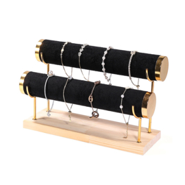 Luxe armbanden display met 2 rollen, zwart fluweel hout en metalen gouden accessoires