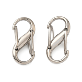 1 x Metalen dubbele S-karabijnhaak 20 x 9,5 x 5 mm – oogjes 5,5 x 7,5 mm – platinumkleur