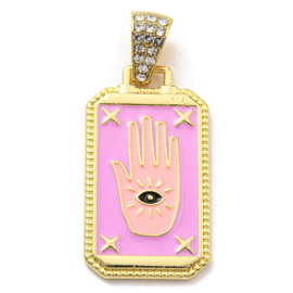 Bedel emaille hand roze goudkleur 36 x 21 x 2,5mm bails met strass: 9,5 x 5,3mm