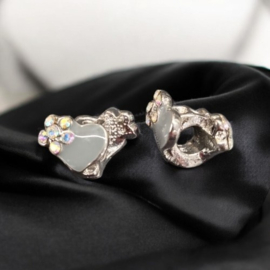 1 x Metalen European Jewelry bedel kraal, antiek zilver kleur, Hart grijs met strass, afm. 17 mm gat: 5mm