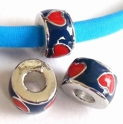 1 x  Metalen European Jewelry kraal rond donkerblauw met rode hartjes antiek zilver metaal 11 mm