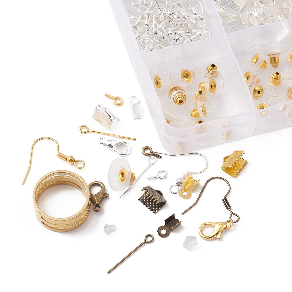 1 x DIY sieraden onderdelen set – compleet met oorhaakjes, schroef bails, veter- en lintklemmetjes, sluitingen, stiften, oorbelstoppers, elastiek, naald en pincet – gemixte kleuren – inclusief opbergdoosje