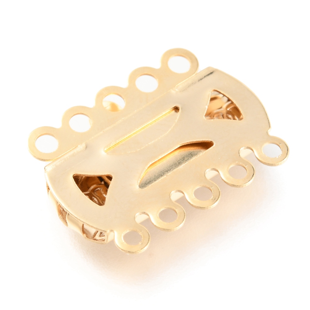1 x Tarnish Resistant 304 RVS boxsluiting – 5-strengs – 10 gaatjes – rechthoek met patroon – goud kleur – 19,5 x 14 x 3 mm – gat ca. 1,4 mm