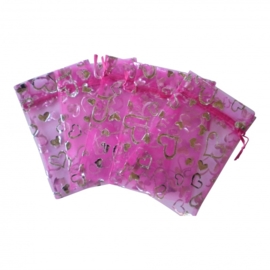 c.a. 100 x organza zakjes 11 x 16cm fuchsia met zilveren hart (op is op!)