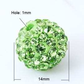 1 x grote resin strassbal 14mm, gat: 1mm Peridot