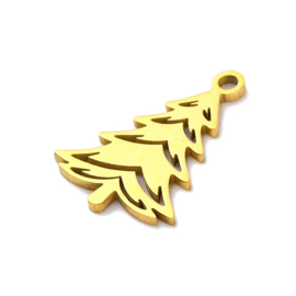 1 x RVS 201 Kerstboom bedel Laser Cut Goud kleur, 17 x 12 x 1mm oogje:  1,2mm