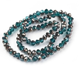 1 x Streng met ca. 90~95 Glaskralen elektroplated  facet rondelle  Half  black plated Deep sky blue  6x4mm–  gat 1 mm