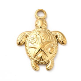 1 x Ion Plating (IP) RVS 201 Schildpad Bedeltje Real 18K Gold Plated, 23,5 x 18x 3mm, Oogje: 3mm