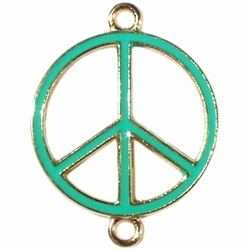 2 x  Metalen bedel peace goud met bright groen, met twee ogen 30 mm