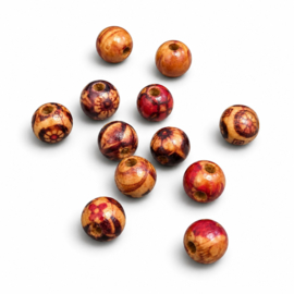 25 x Afrikaanse ronde houten kralen 8~9 mm – gat ca. 2,5 mm – met print – mixkleuren