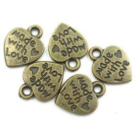 10 stuks Tibetaans zilveren made with love bedeltje 12,5mm x 10mm geel koper ♥