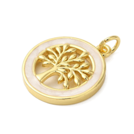 1 x Bedel wit emaille rond Tree of life, 18K Gold plated 20 x 17,5 x 3mm oogje 3mm