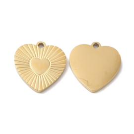 1 x Ion Plating (IP) chirurgisch staal RVS 316L bedel hartje Real 18k Gold Plated, 12 x 11,8 x 1mm oogje 1mm (Nikkelvrij)