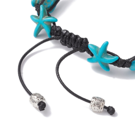 Armbandje met schuifknoop en synthetische turquoise schildpadjes en zeesterren blauw