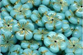 2 x Tsjechische Glaskralen Apple Flower Pressed Beads 14x14mm Turquoise blauw