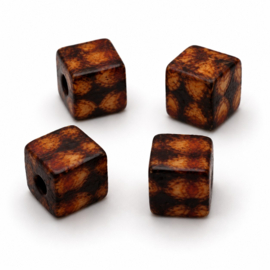 25 x Afrikaanse houten kralen kubus 8 x 8 mm – gat ca. 3 mm – bewerkt met print