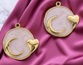 1 x RVS 304  Bedel rond maan en hartje cornsilk, 18K goldplated 17,5 x 17 x 2mm oogje: 1,4mm