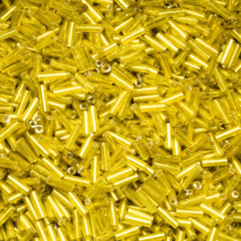 20 gram Bugles staafjes glaskralen 6mm geel