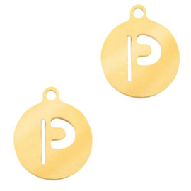 Roestvrij stalen (RVS) Stainless steel bedel rond 10mm initial coin P Goudkleur
