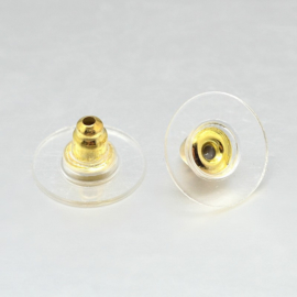 10 x vergulde achterkantjes stoppers voor oorbellen met plastic gedeelte 12mm Ø 7mm dik, gat: 1mm