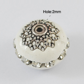 Schitterende handgemaakte Kashmiri kraal 16~18 x 15~16 mm ingelegd met metaal en strass Gat: 2mm wit