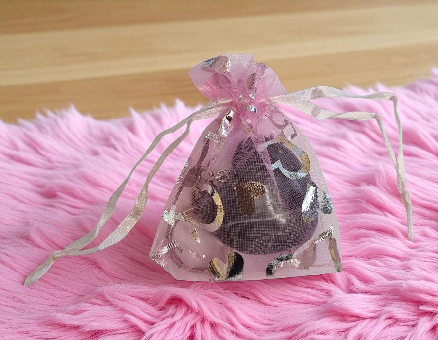 c.a. 100 x Organza zakjes roze met zilveren hart 7x9cm