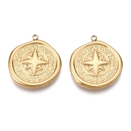 1 x  PVD Vacuum Plating RVS 201 Munt Bedeltje Kompas Real 18K Gold Plated, 21 x 19,5 x 2,5mm Oogje: 1,4mm