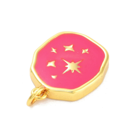Bedel Deep Pink emaille sterren, 18K Gold plated 19 x 14,5 x 3mm oogje 3mm