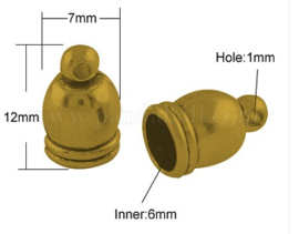 2 x Koordkapjes 12 x 7 x 7 mm – Ø 6 mm – oogje 1 mm – antiek goudkleur