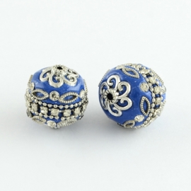 Handgemaakte Bohemian kraal, Kashmiri kraal 20mm donker blauw ingelegd met metaal & strass gat 2mm