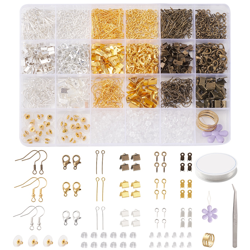 1 x DIY sieraden onderdelen set – compleet met oorhaakjes, schroef bails, veter- en lintklemmetjes, sluitingen, stiften, oorbelstoppers, elastiek, naald en pincet – gemixte kleuren – inclusief opbergdoosje