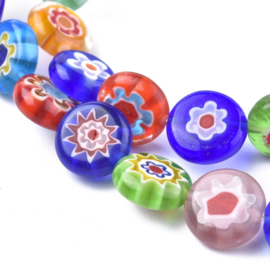 10 x Handgemaakte Millefiori glaskralen plat rond, 12 x 5mm gat: 1mm