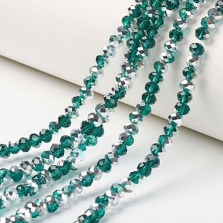 1 x Streng Glaskralen Facet Rondelle Briolette 8x6mm – Teal AB Plated – ca.63-65 stuks – gat 1 mm