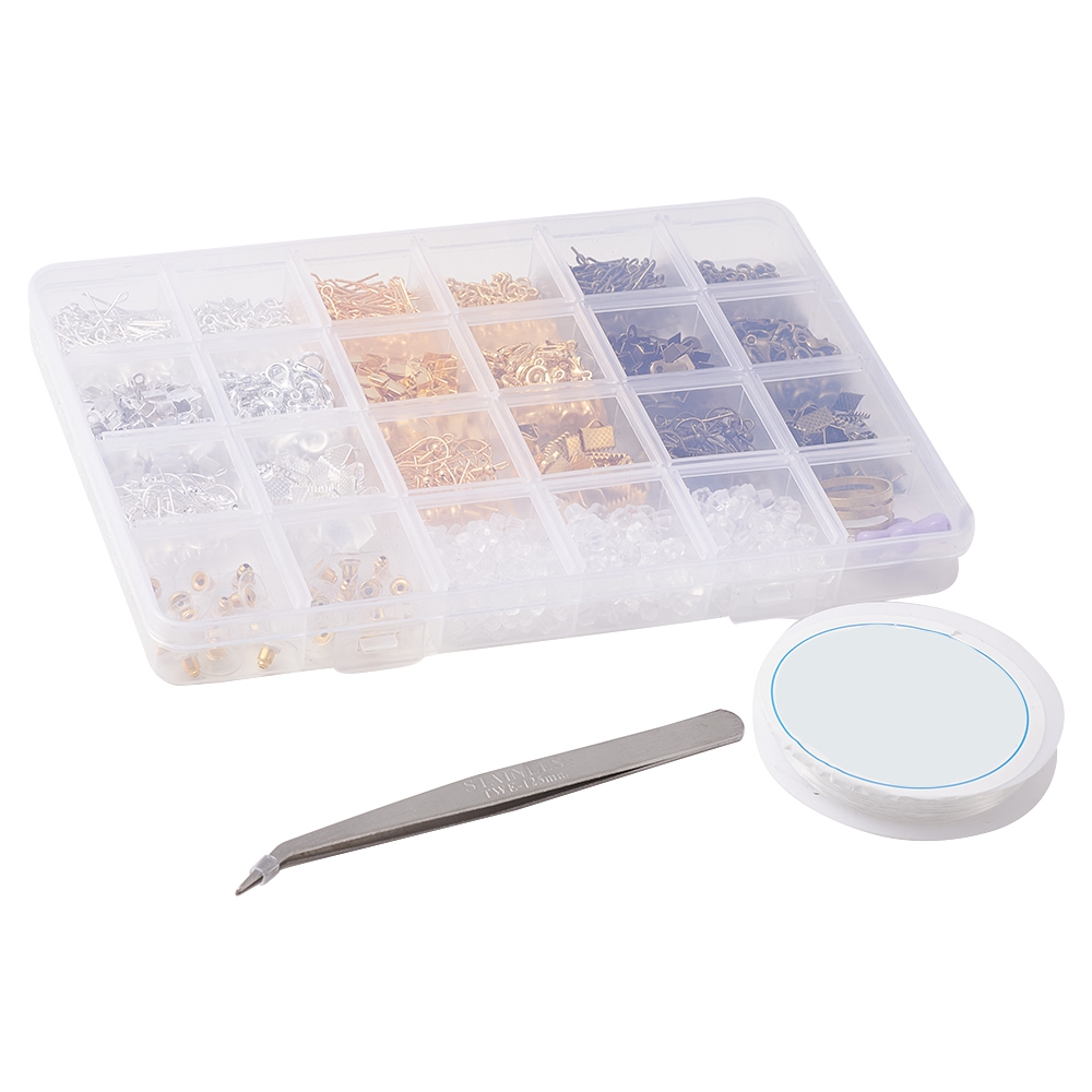1 x DIY sieraden onderdelen set – compleet met oorhaakjes, schroef bails, veter- en lintklemmetjes, sluitingen, stiften, oorbelstoppers, elastiek, naald en pincet – gemixte kleuren – inclusief opbergdoosje